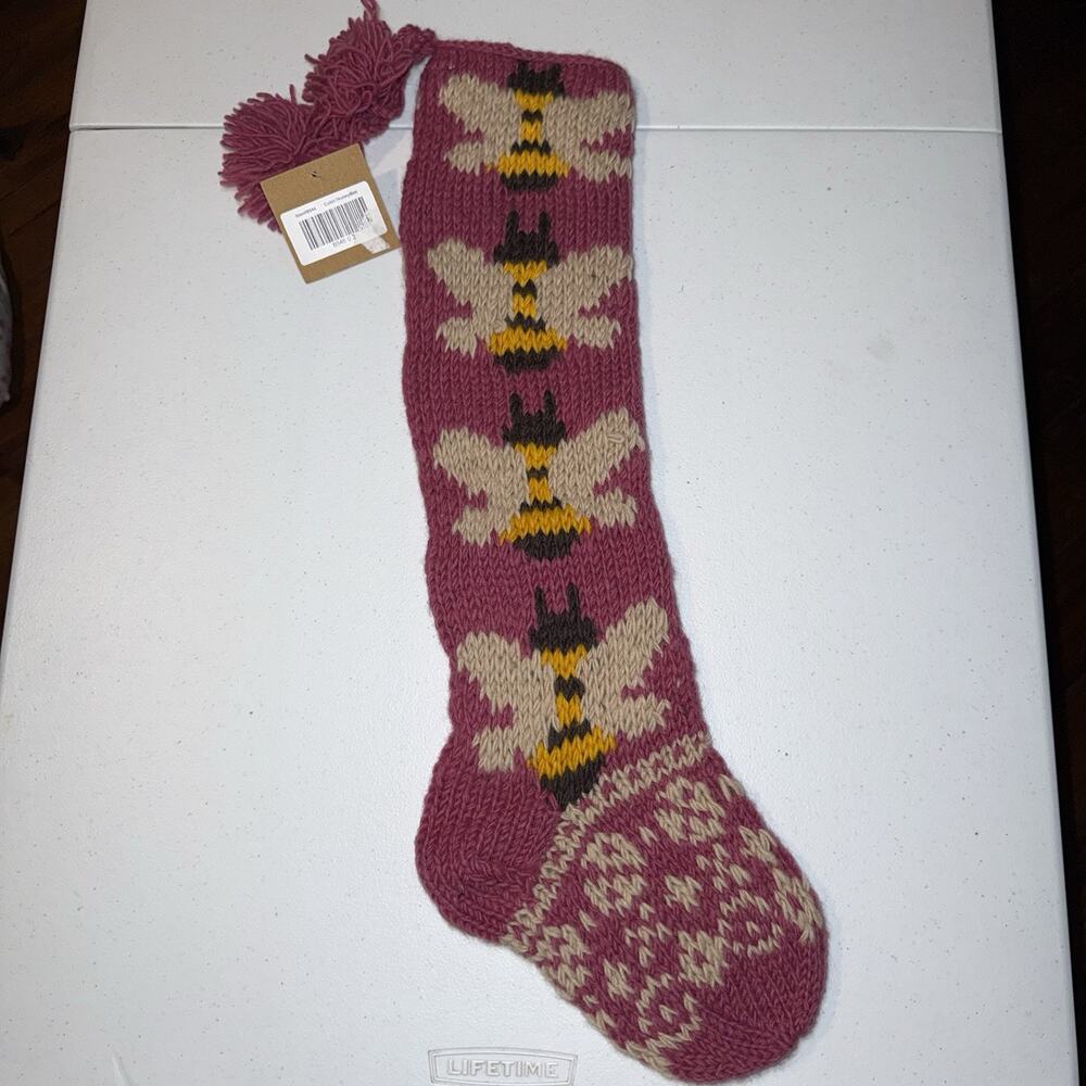 Lakhays 100% Wool Handknit Cottage Holiday Stocking Honeybee Pink Christmas NWT - Picture 2 of 7